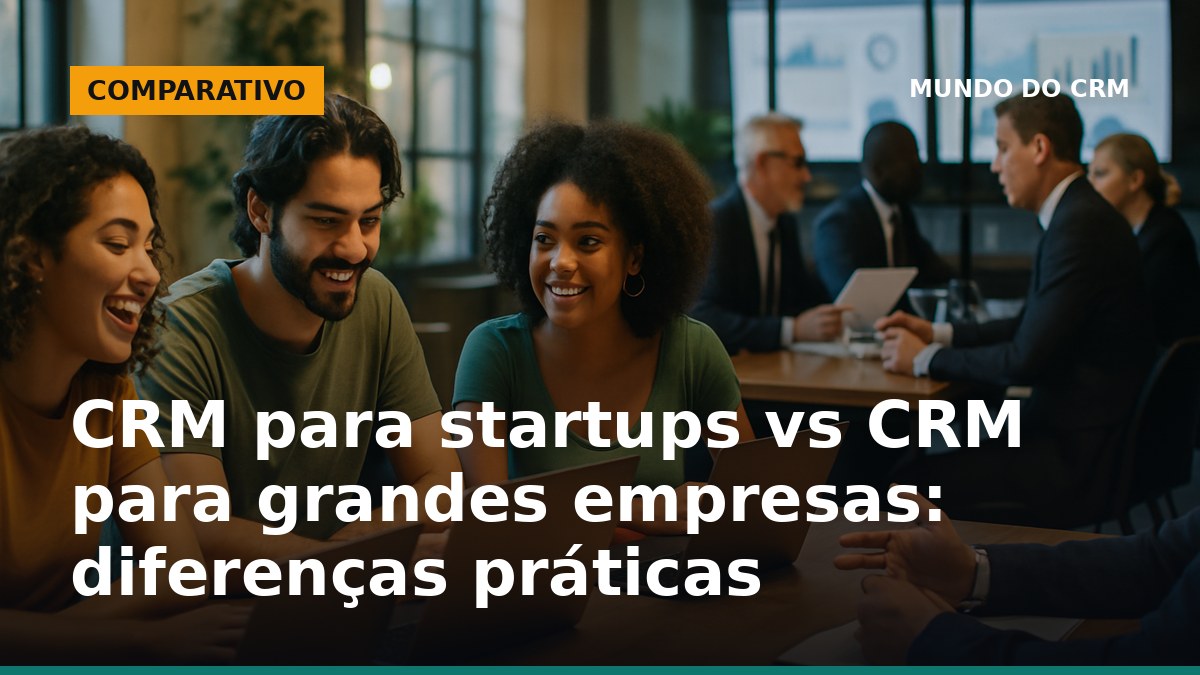 Profissionais brasileiros analisando CRM em startup e executivos avaliando CRM em grande empresa